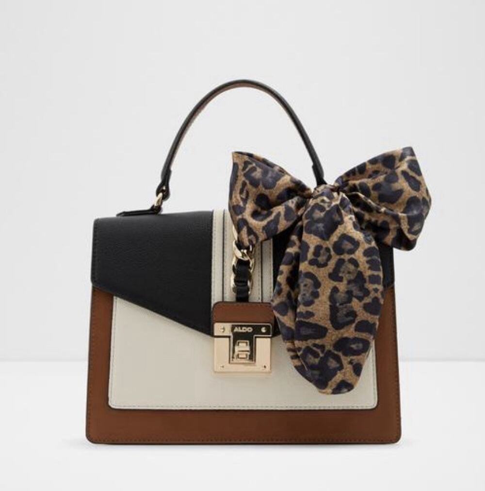 ALDO Colorblock Structured Satchel Handbag Black Cream Brown Leopard Scarf Bow